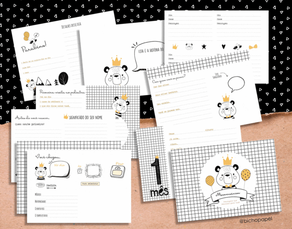 arquivo_digital_miolo_diario_livro_album_bebe_nascimento_mesversario_fotos_crescimento_encadernacao_minimalista_ursinho_bosque_desenho_doodle_preto_branco_menino_A5