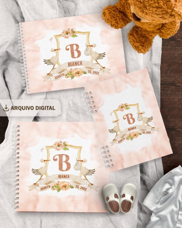 arquivo_digital_capas_diario_livro_bebe_A5_monograma_caderneta_vacina_cegonha_urso_menino_menina_floral_vintage_carrinho