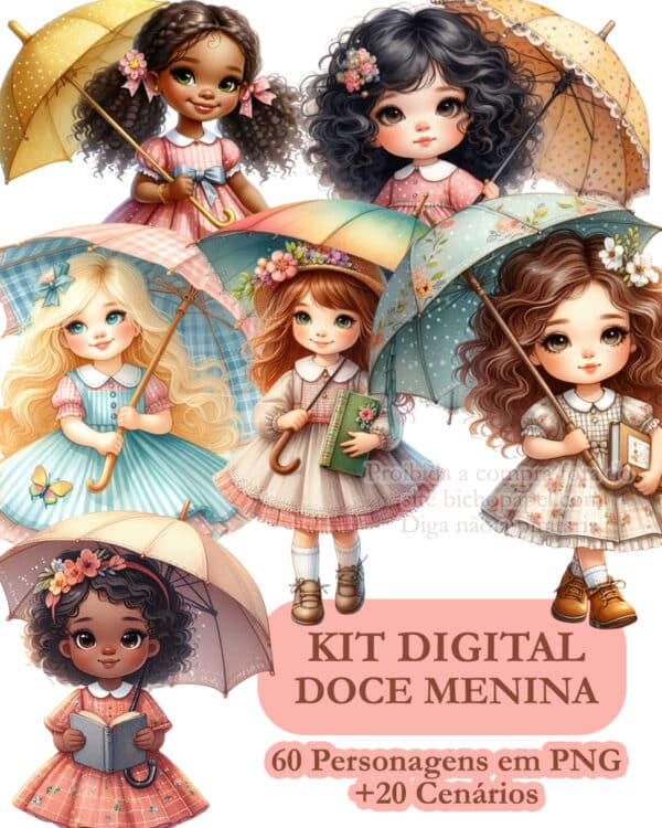 kit_digital_meninas_vintage_criancas_epoca_segurando_guarda_chuva_livros