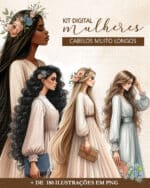 kit_digital_ilustracoes_imagem_mulheres_cabelo_muito_longos_aquarela_com_lacos_livro_biblia_ccb_evangelica_vestido