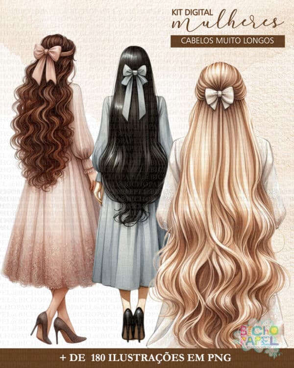 kit_digital_ilustracoes_imagem_mulheres_cabelo_muito_longos_aquarela_com_lacos_livro_biblia_ccb_evangelica_vestido