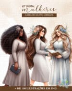 kit_digital_ilustracoes_imagem_mulheres_cabelo_muito_longos_aquarela_com_lacos_livro_biblia_ccb_evangelica_vestido