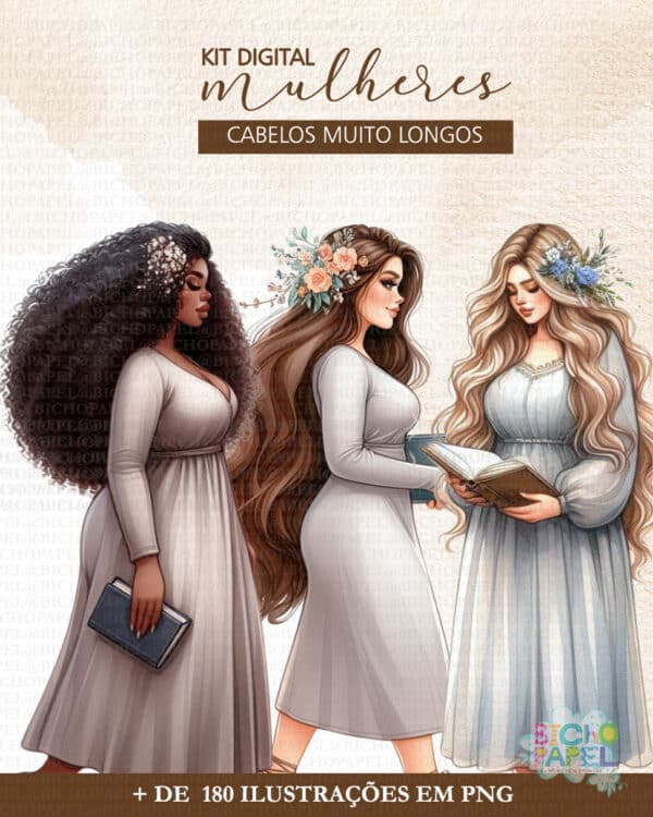 kit_digital_ilustracoes_imagem_mulheres_cabelo_muito_longos_aquarela_com_lacos_livro_biblia_ccb_evangelica_vestido