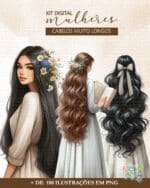 kit_digital_ilustracoes_imagem_mulheres_cabelo_muito_longos_aquarela_com_lacos_livro_biblia_ccb_evangelica_vestido