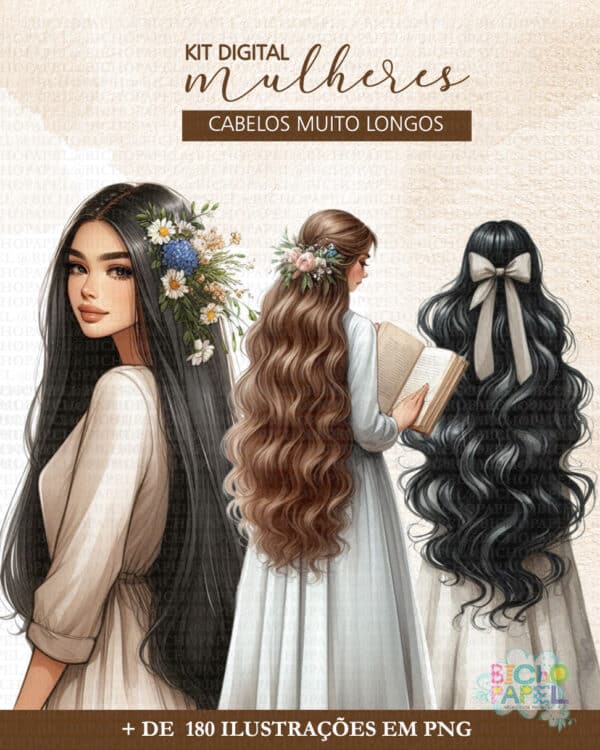 kit_digital_ilustracoes_imagem_mulheres_cabelo_muito_longos_aquarela_com_lacos_livro_biblia_ccb_evangelica_vestido