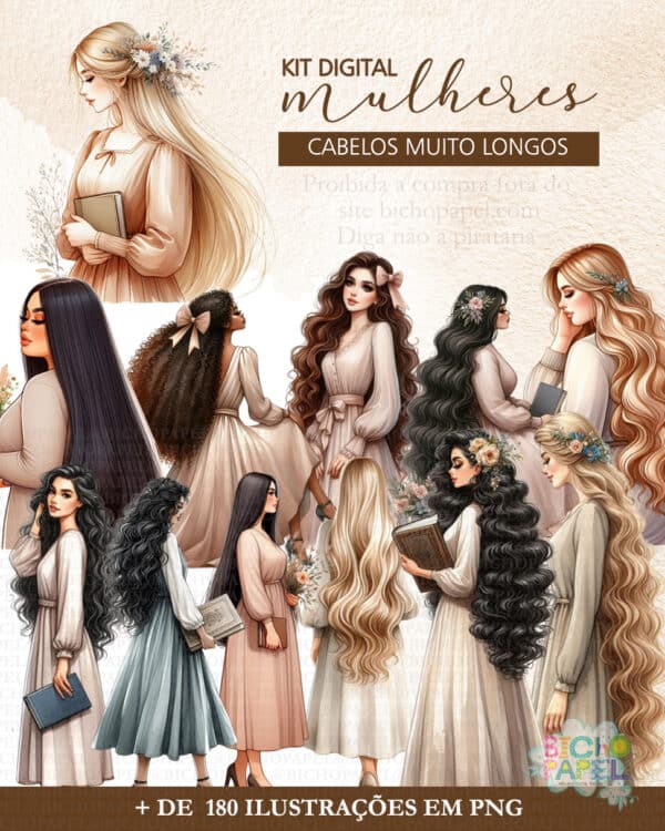 kit_digital_ilustracoes_imagem_mulheres_cabelo_muito_longos_aquarela_com_lacos_livro_biblia_ccb_evangelica_vestido