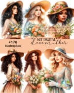 kit_digital_ilustracoes_mulheres_vintage_vestido_flores_chapeu_morena_negra_loira