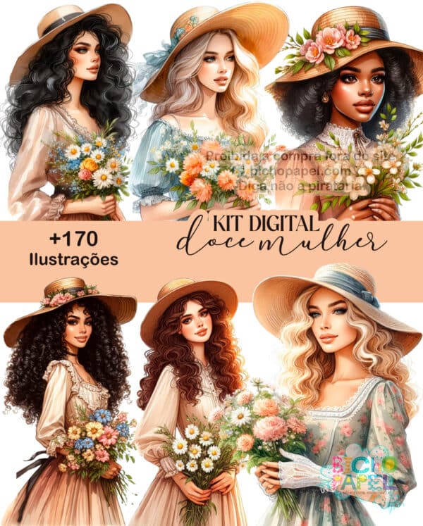 kit_digital_ilustracoes_mulheres_vintage_vestido_flores_chapeu_morena_negra_loira