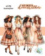 kit_digital_ilustracoes_mulheres_vintage_vestido_flores_chapeu_morena_negra_loira