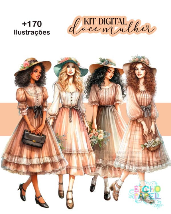 kit_digital_ilustracoes_mulheres_vintage_vestido_flores_chapeu_morena_negra_loira