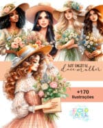 kit_digital_ilustracoes_mulheres_vintage_vestido_flores_chapeu_morena_negra_loira