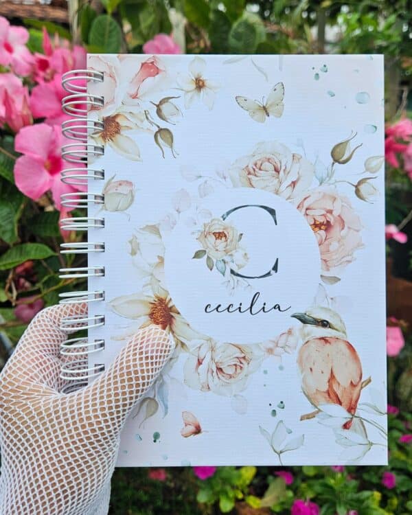 arquivo digital capas alfabeto com floral, pássaros e borboletas e miolo pautado e decorado vintage